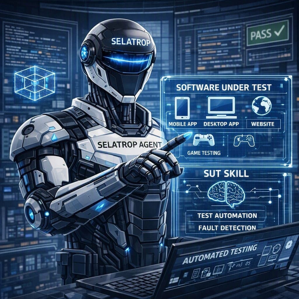 Selatrop Agent operating across software under test with AI skills for automation and fault detection